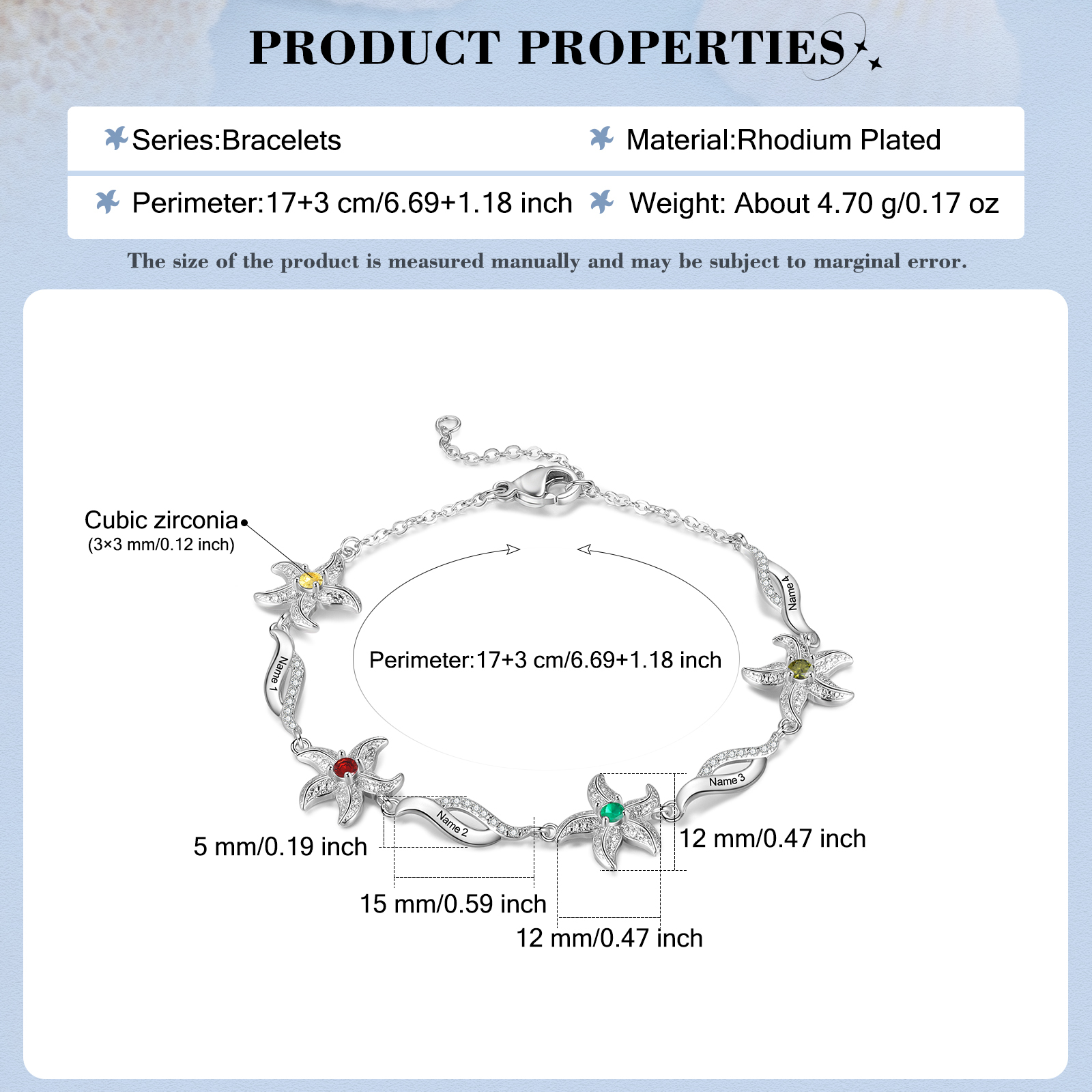 Pulsera con dije de estrella de mar para mujer personalizada con 4 nombres y 4 piedras de nacimiento-Jessemade ES