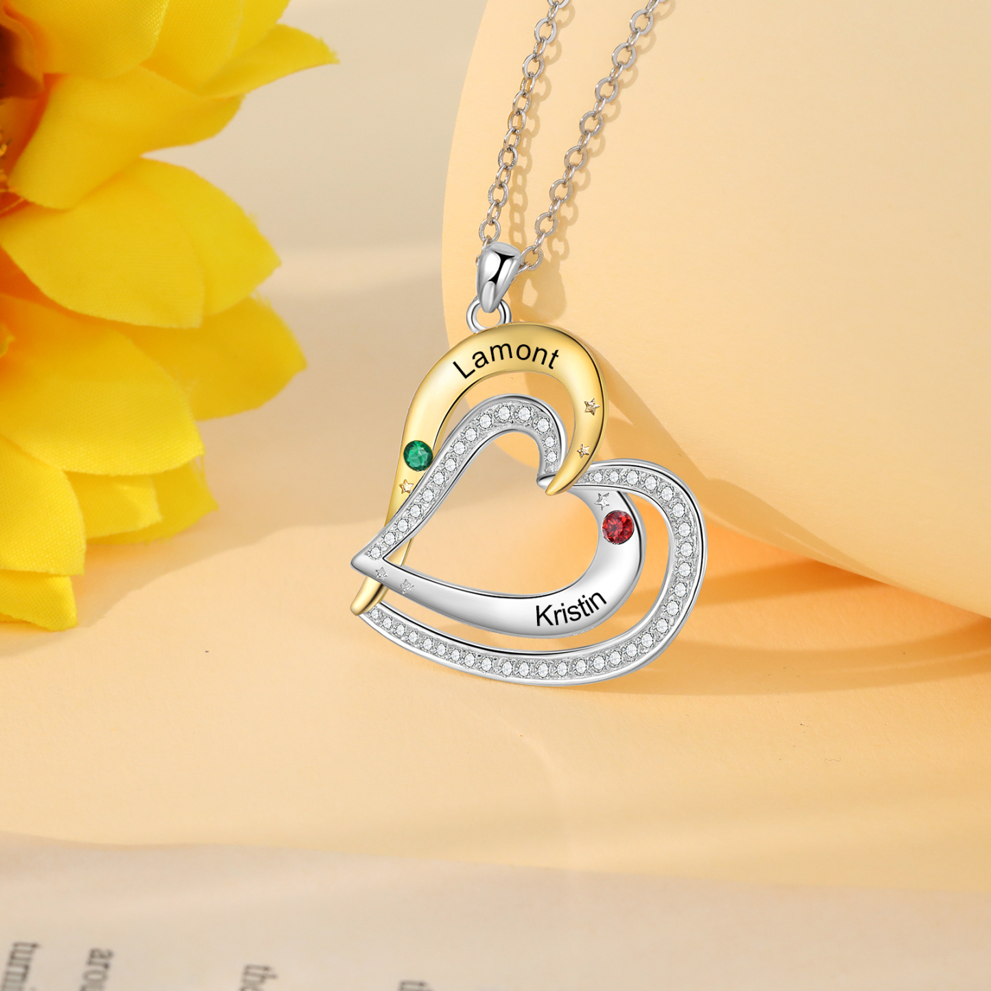 Collar de corazón con 2 nombres y piedras de nacimiento personalizados-Jessemade ES