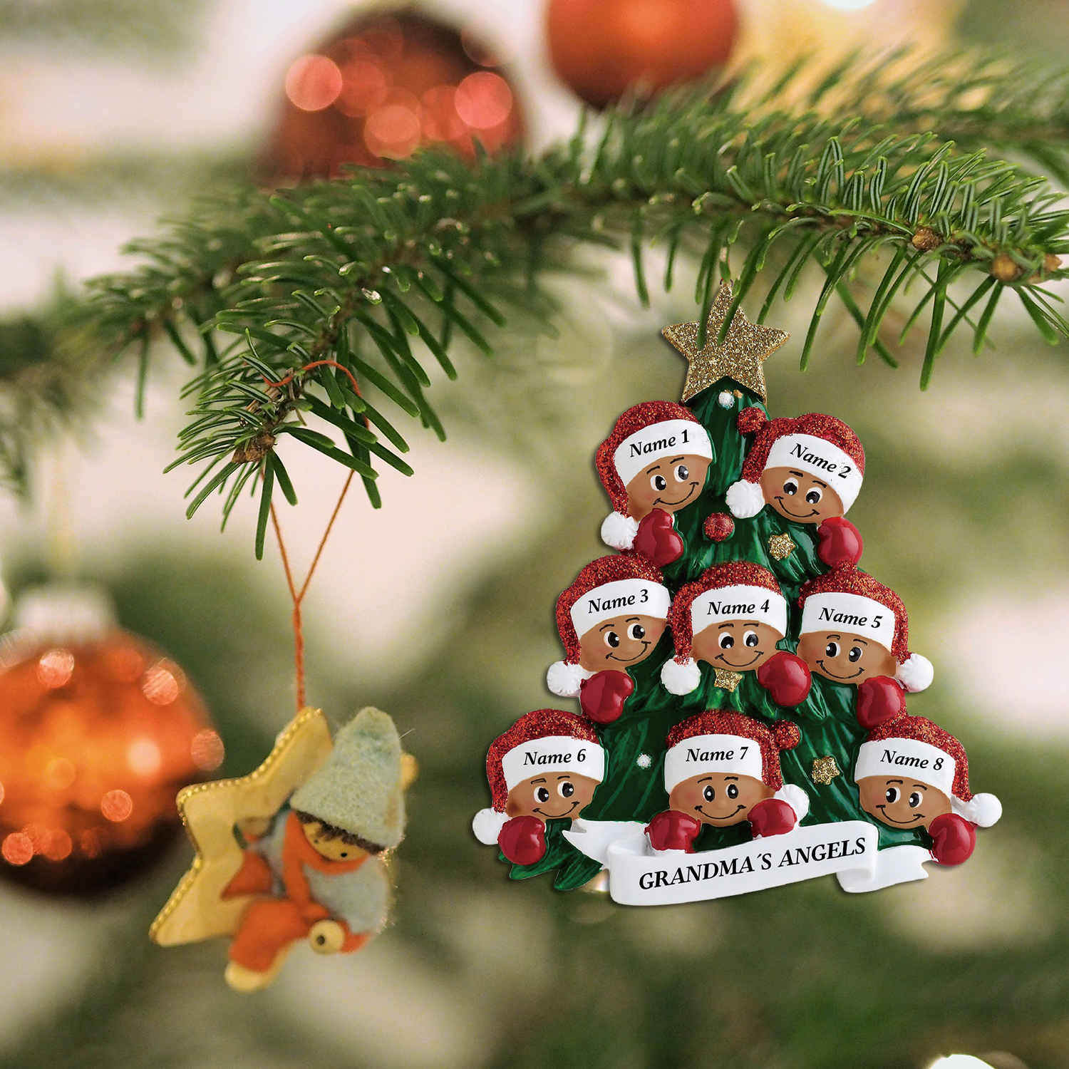 Navidad-Muñecos Piel Bronceada Ornamentos Navideños 2 nombres personalizados con texto Adorno de Madera