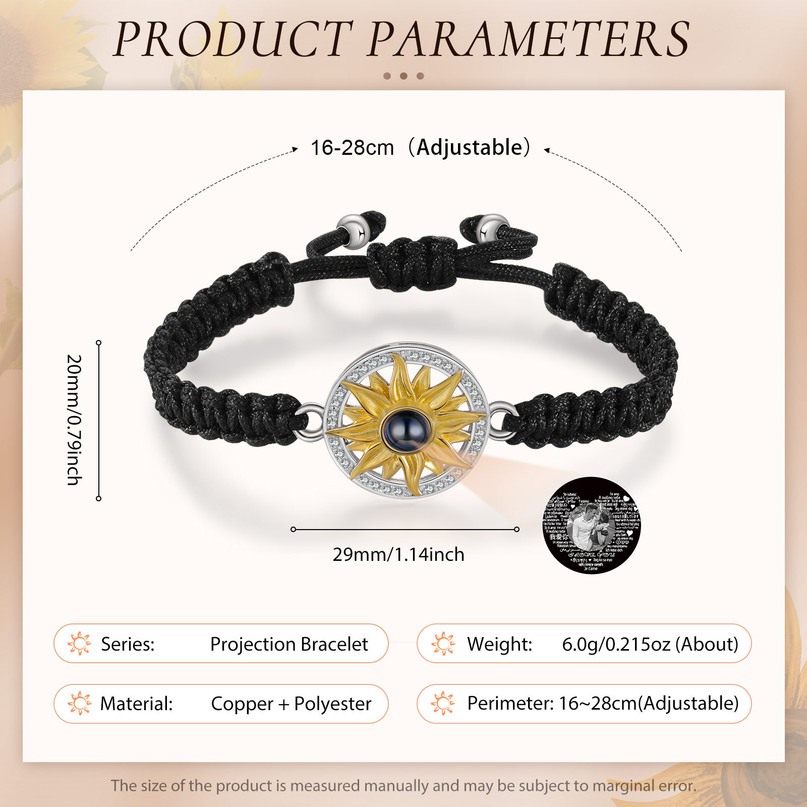 Pulsera con proyección de foto con dije de girasol cuerda negra-Jessemade ES
