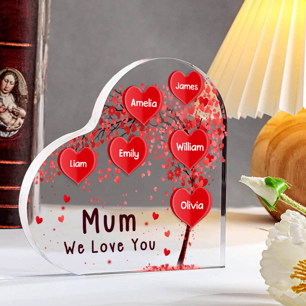A mi mamá/abuela-Placa de acrílico "Corazones" en forma de corazón 6 nombres y 1 texto personalizados-Jessemade ES