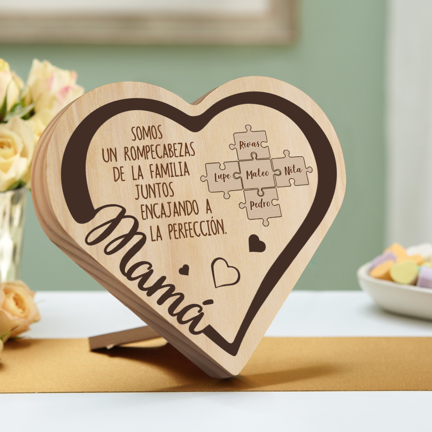Adorno personalizado con 2-6 nombres decoración de madera en forma de corazón para mi mamá-Jessemade ES