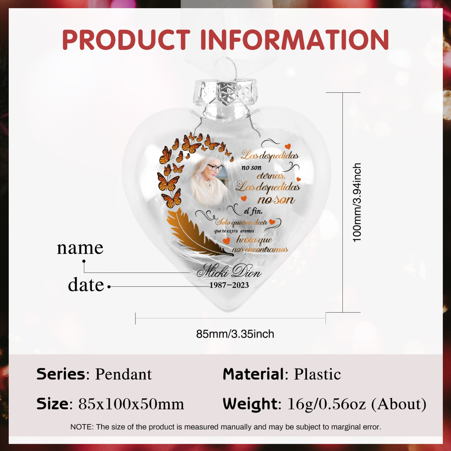 Bola navideña conmemorativa Adorno de Navidad 1 nombre, 1 foto y años personalizados con pluma -Jessemade ES