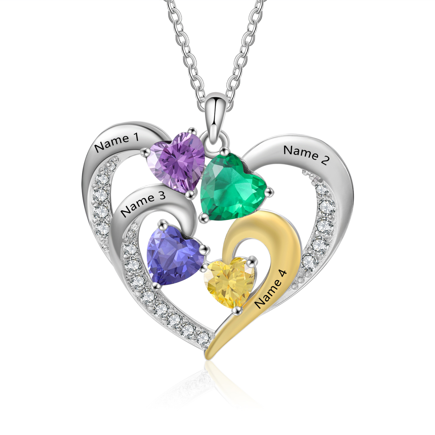 Collar corazón con 4 nombres y 4 piedras de nacimiento personalizados-Jessemade ES