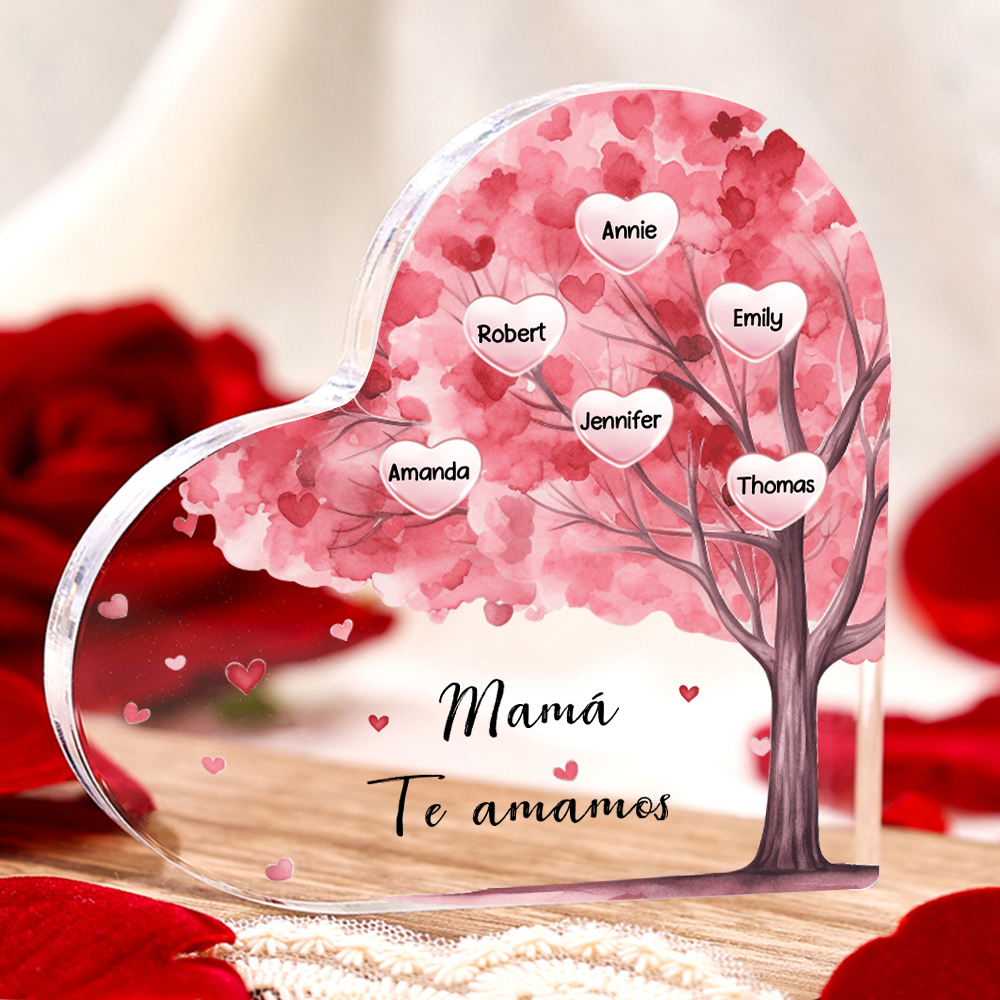 A mi mamá/abuela-Placa de acrílico "Árbol" en forma de corazón 6 nombres y 1 texto personalizados-Jessemade ES