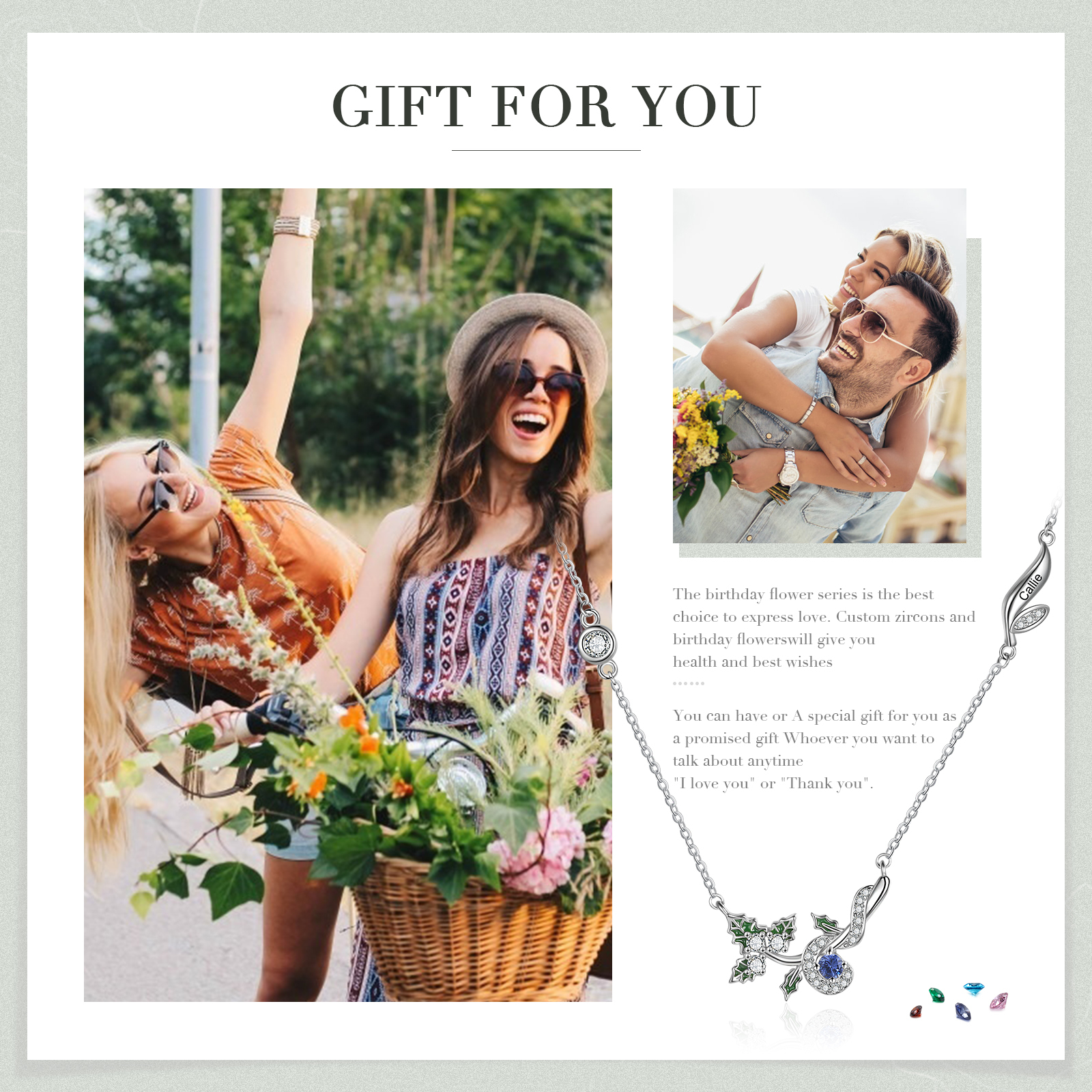 Collar de flor de diciembre acebo con nombre personalizado y piedra de nacimiento-Jessemade ES