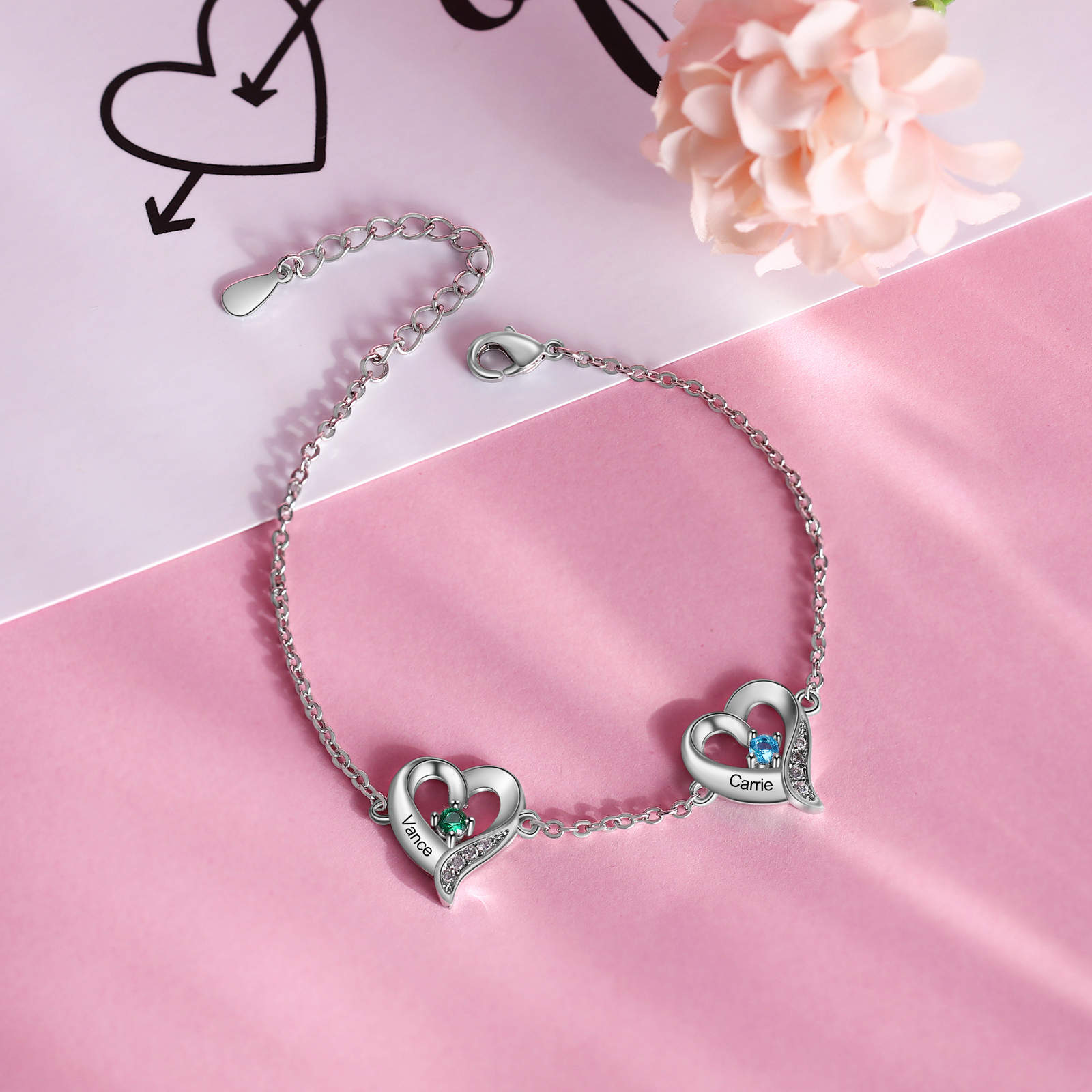 Pulsera de Corazones 2 Nombres Personalizados con 2 Piedras de Nacimiento-Jessemade ES