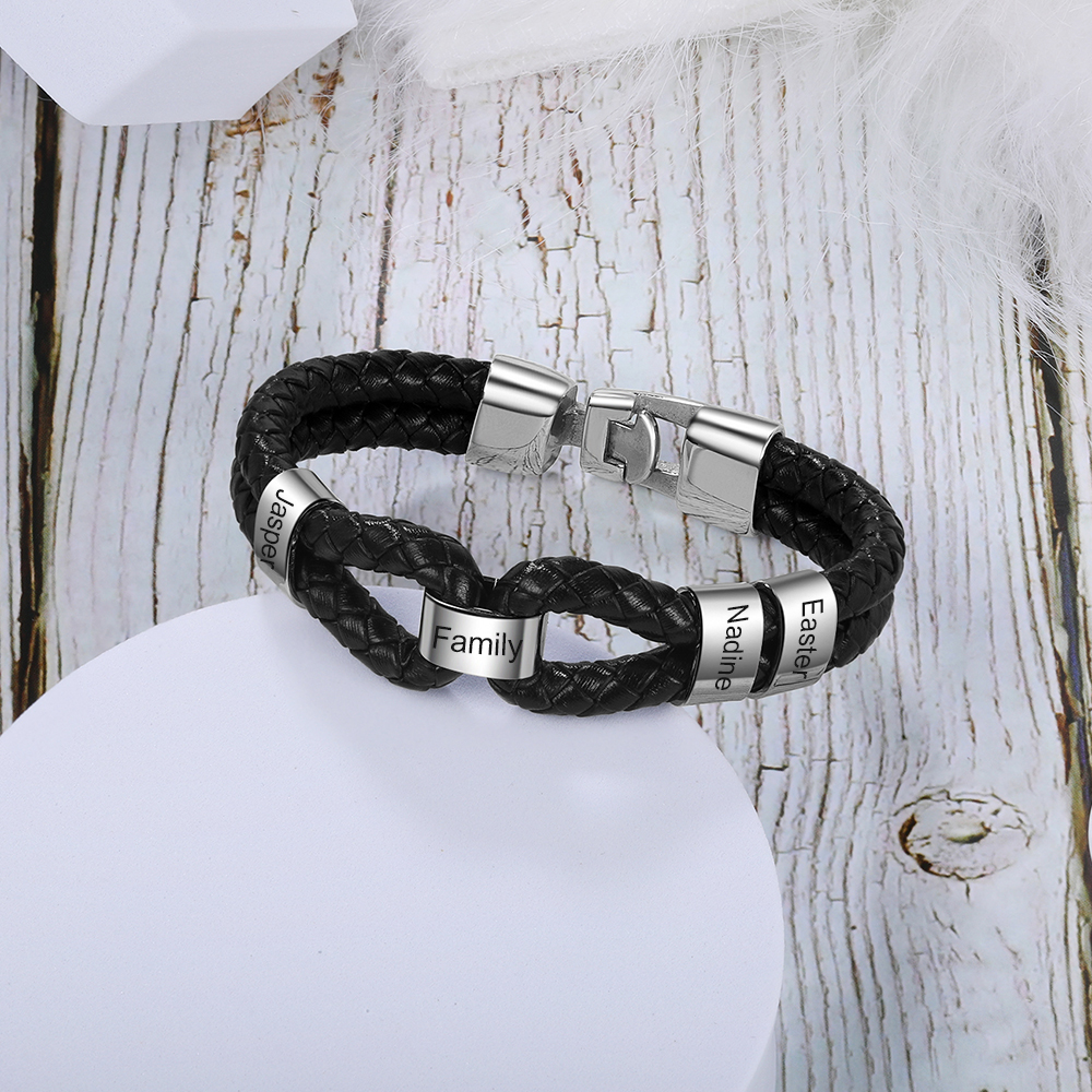 Pulsera 1-7 Nombres Personalizados de Cuero Trenzado con Aros-Jessemade ES
