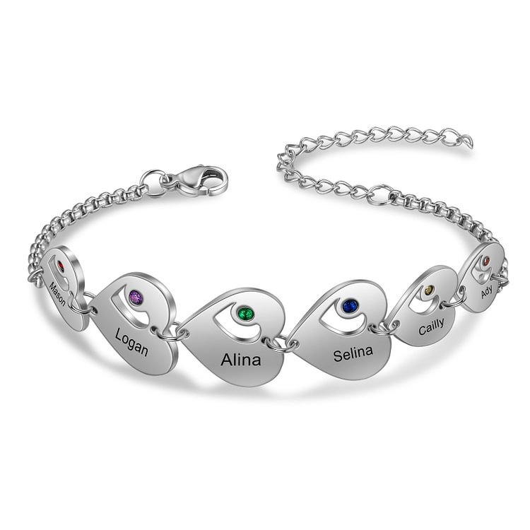 Pulsera de corazón personalizada con 6 nombres y 6 piedras de nacimiento-Jessemade ES