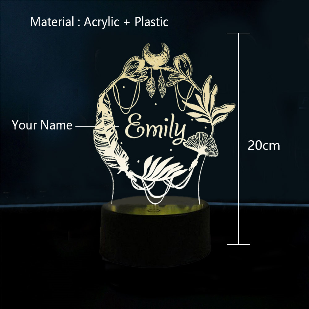 Lámpara 3D Ilusión Luz de noche de plumas LED Luces de colores personalizadas 1 nombre