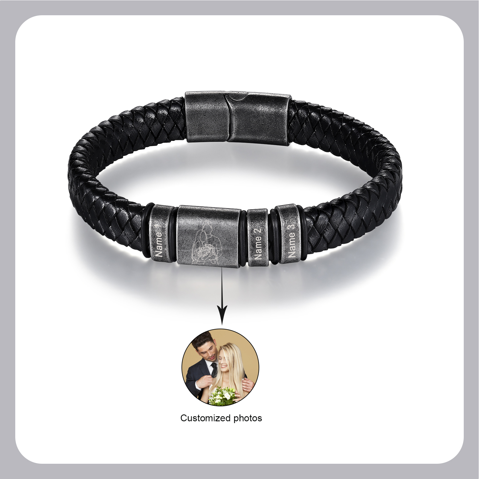 Pulsera 2-5 Nombres en Aros y Foto en Placa Personalizados de Cuero Trenzado