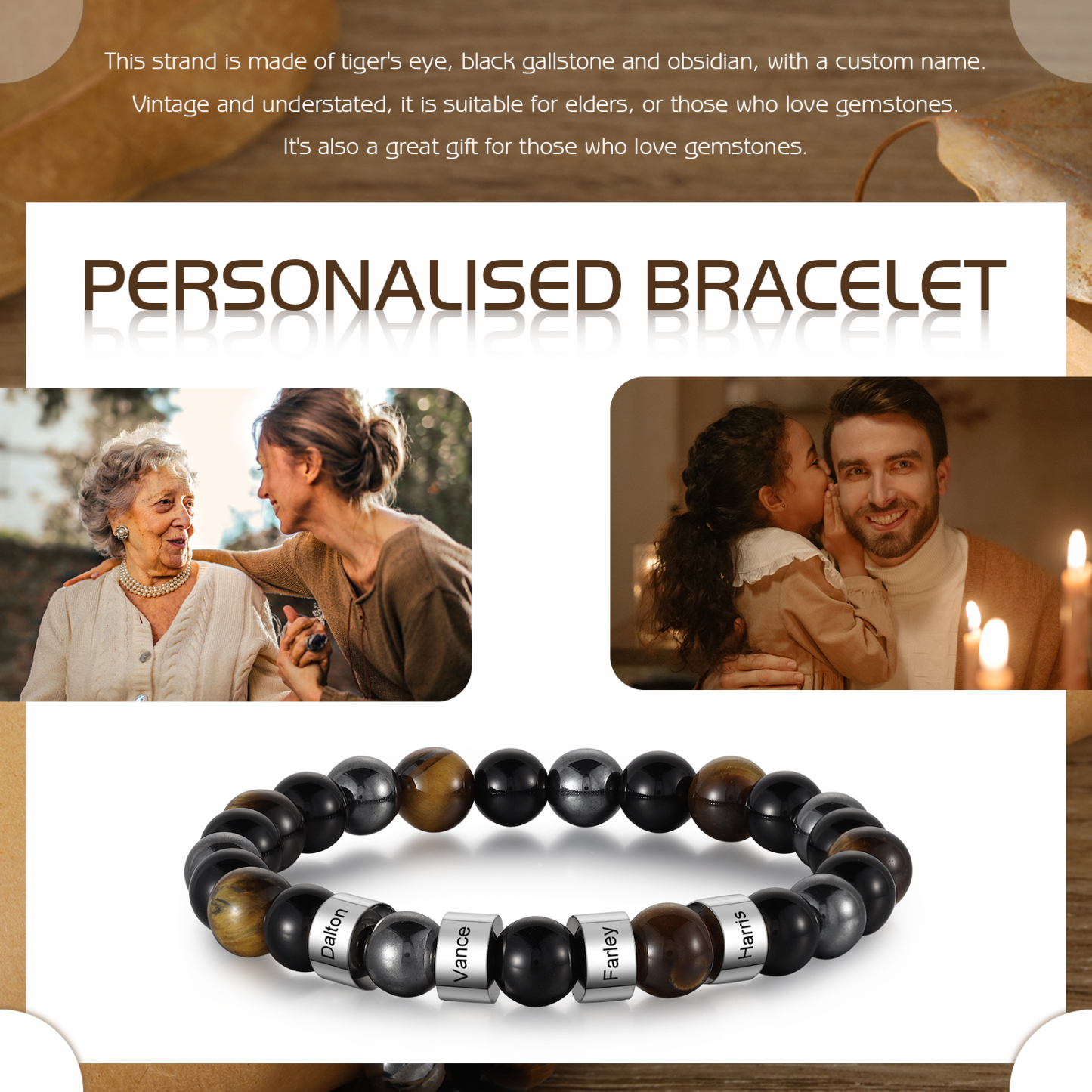 Pulsera de tres tipos de perlas personalizada con 4 nombres para hombre-Jessemade ES