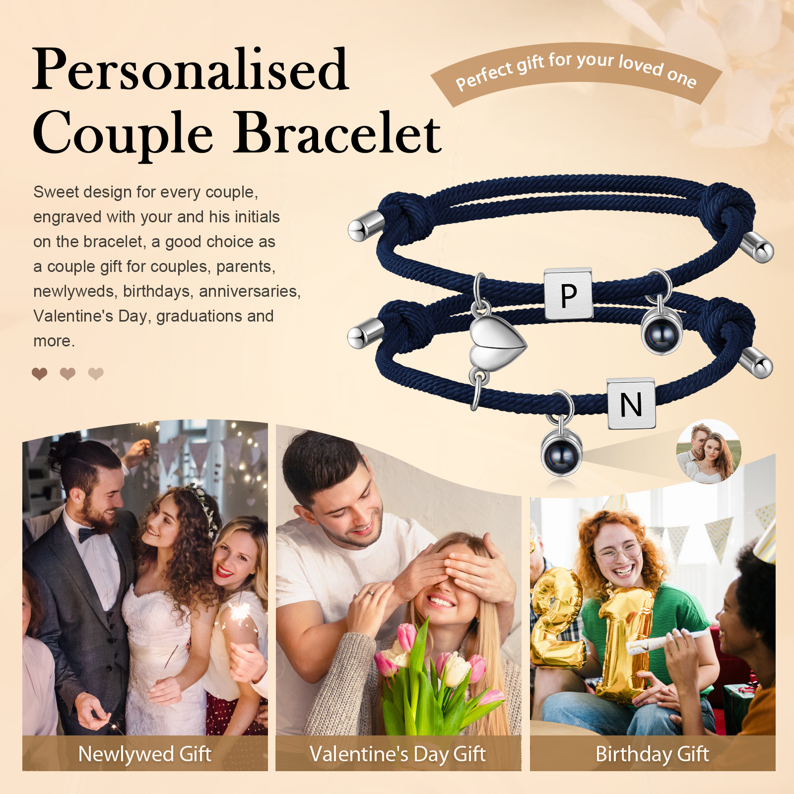 Pulsera de cuerda para pareja personalizada con 2 letras con proyección de foto y dije de corazón magnético-Jessemade ES