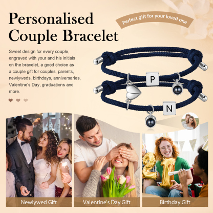 Pulsera de cuerda para pareja personalizada con 2 letras con proyección de foto y dije de corazón magnético-Jessemade ES