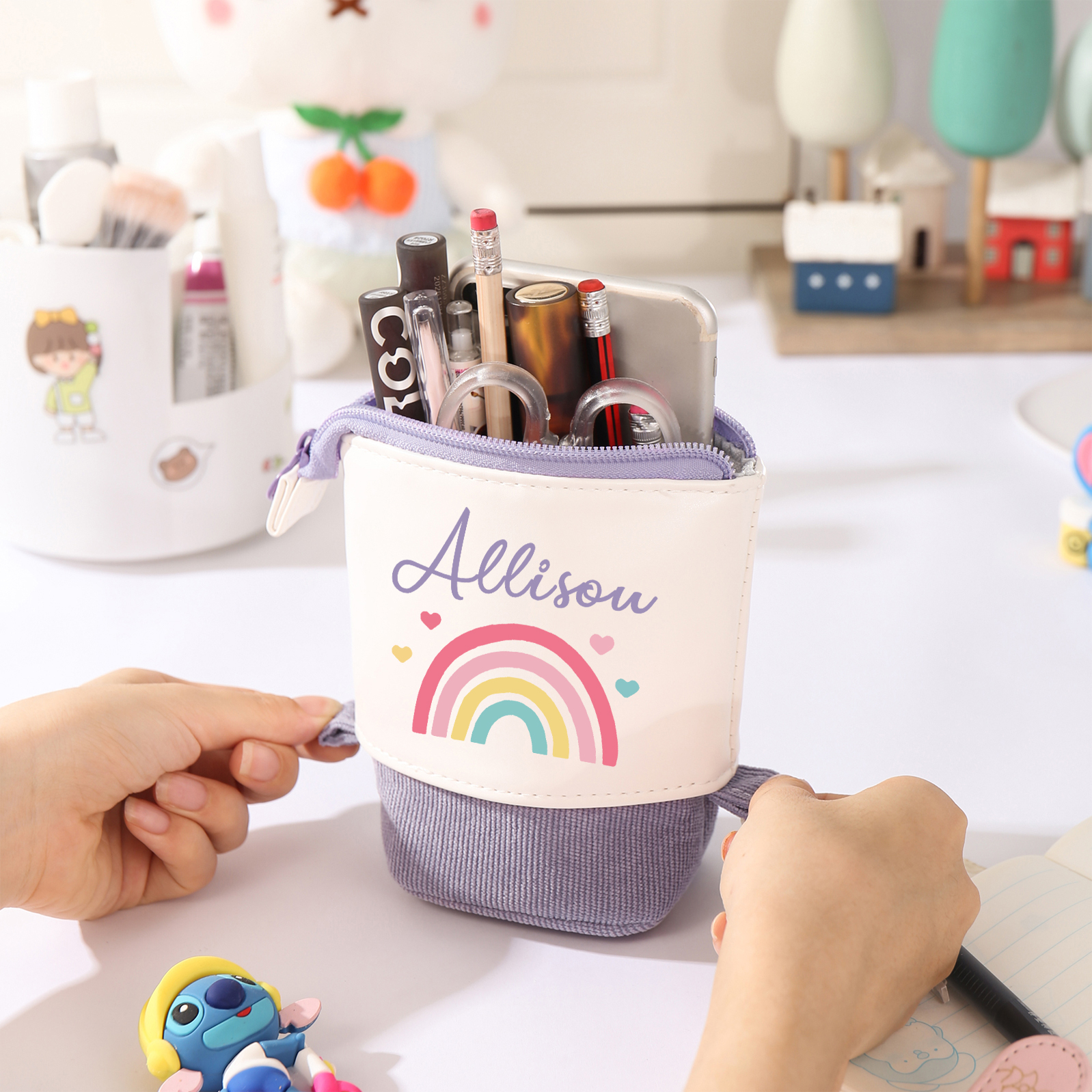 Estuche personalizado con nombre con diseños coloridos de iris para niños
