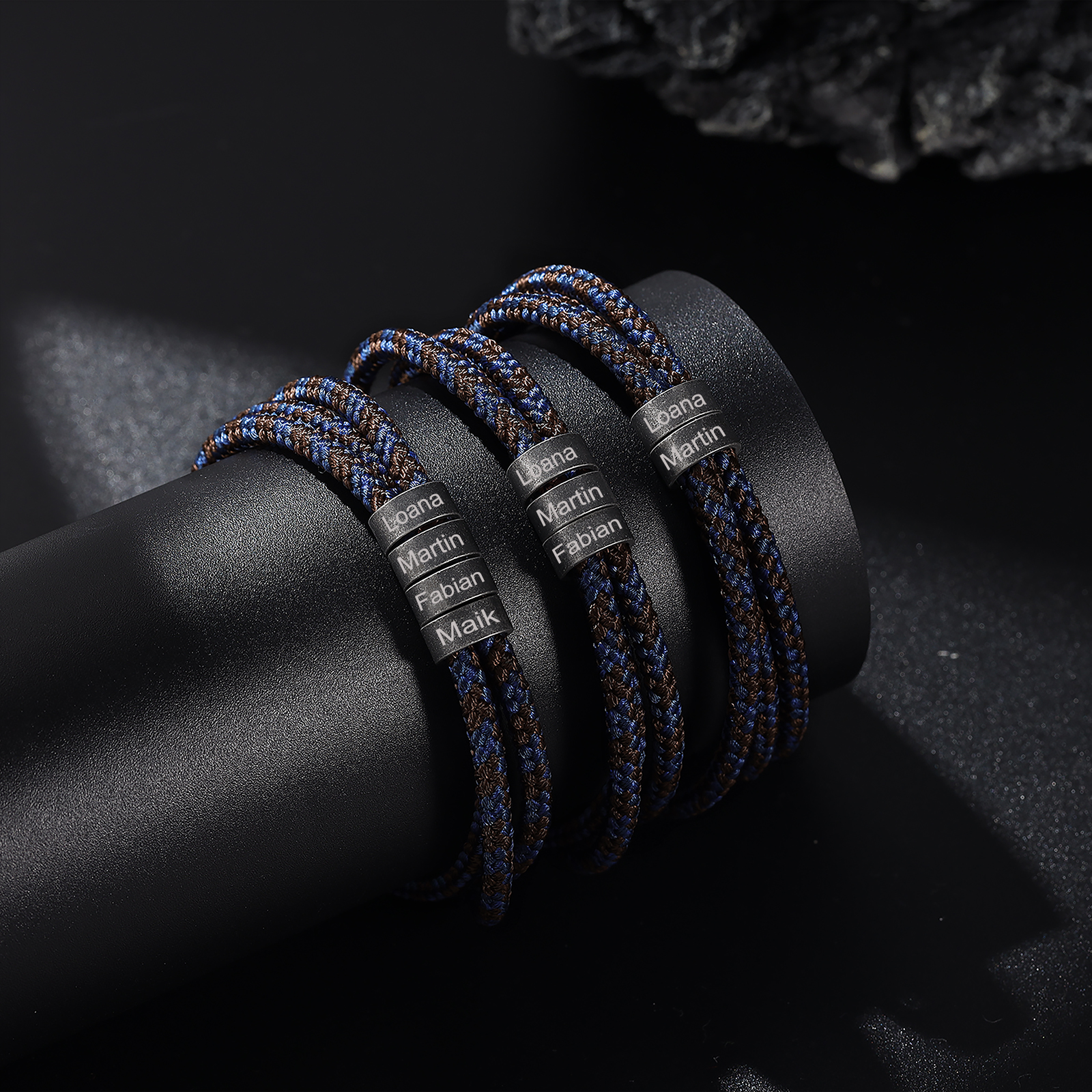 Pulsera de triple cuerda azul y marrón con 3 aros 3 nombres personalizados pulsera de hombre -Jessemade ES