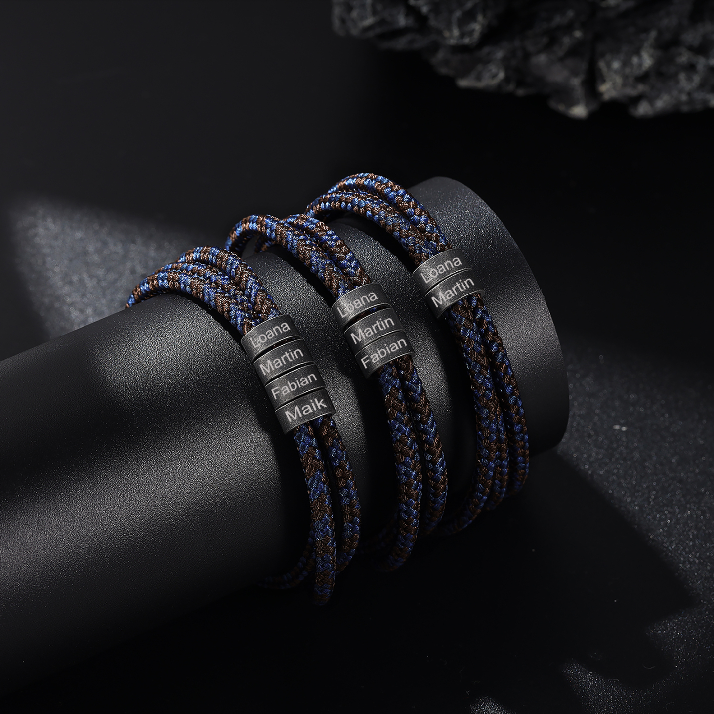 Pulsera de triple cuerda azul y marrón con 3 aros 3 nombres personalizados pulsera de hombre -Jessemade ES