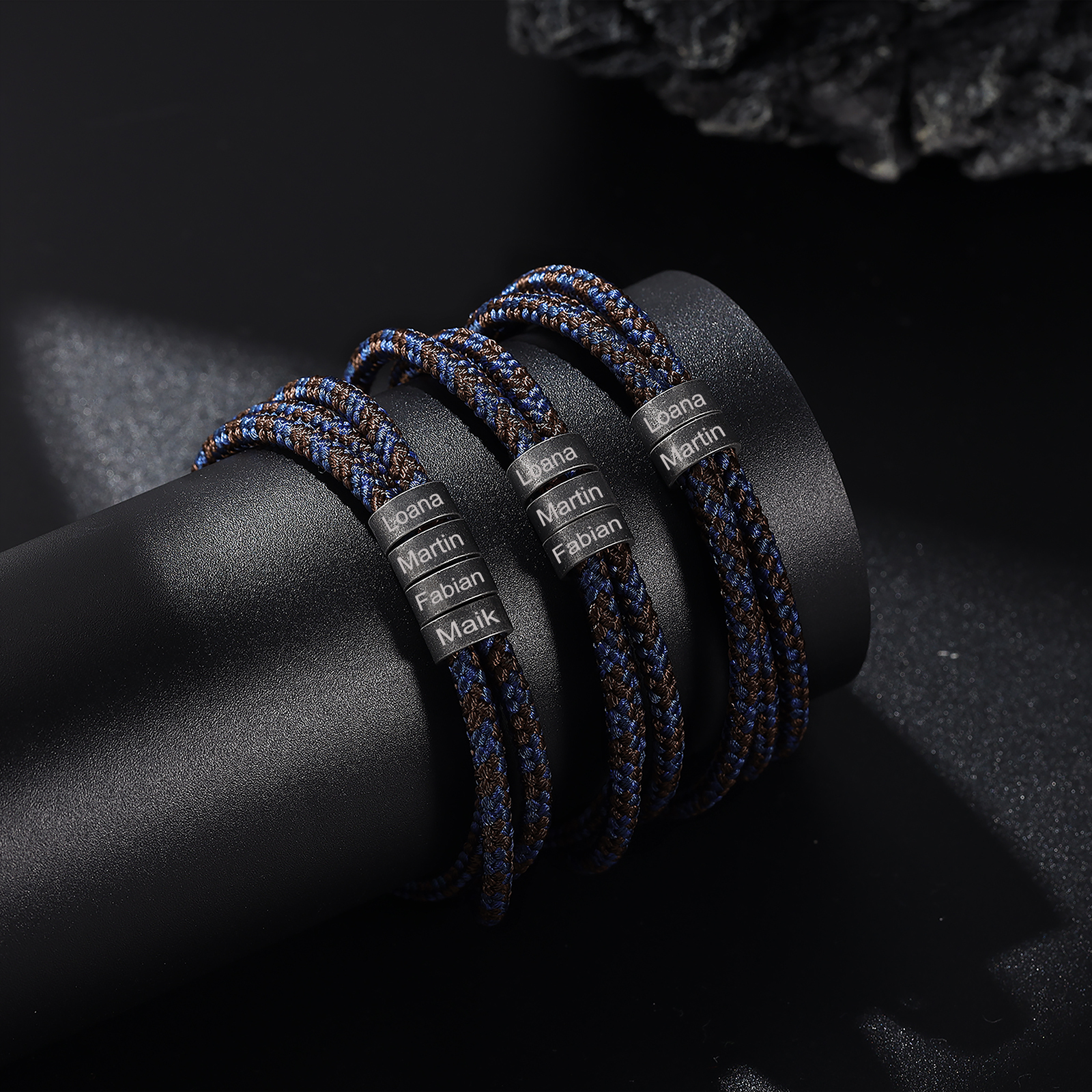 Pulsera de triple cuerda azul y marrón con 4 aros 4 nombres personalizados pulsera de hombre -Jessemade ES