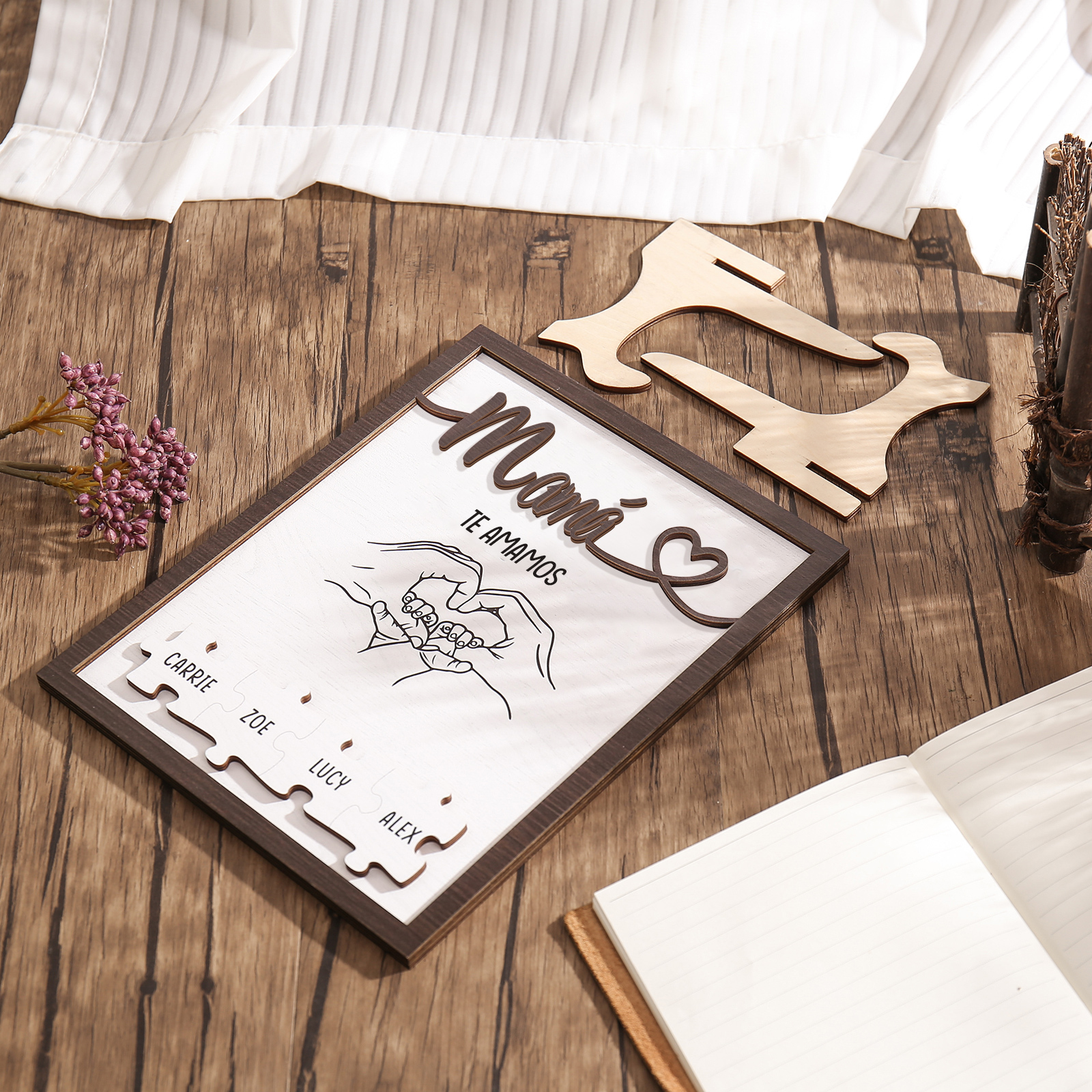 A mi mamá-Adorno 2-6 nombres y 1 texto personalizados decoración de madera rompecabezas-Jessemade ES
