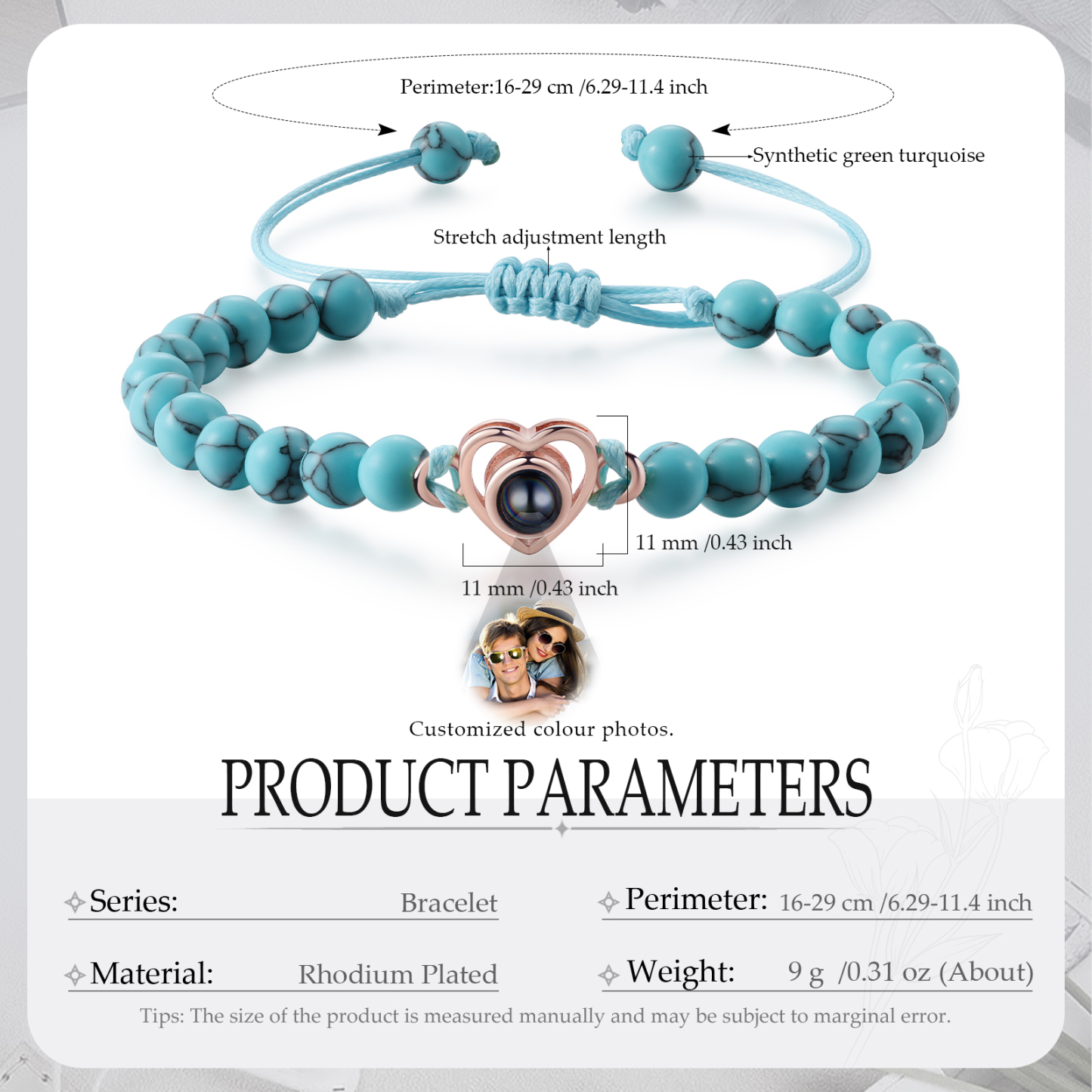 Pulsera de turquesa verde sintética con proyección de foto en color con dije de corazón pulsera ajustable-Jessemade ES