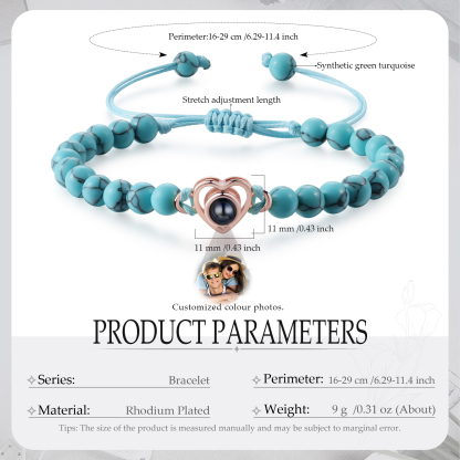 Pulsera de turquesa verde sintética con proyección de foto en color con dije de corazón pulsera ajustable-Jessemade ES