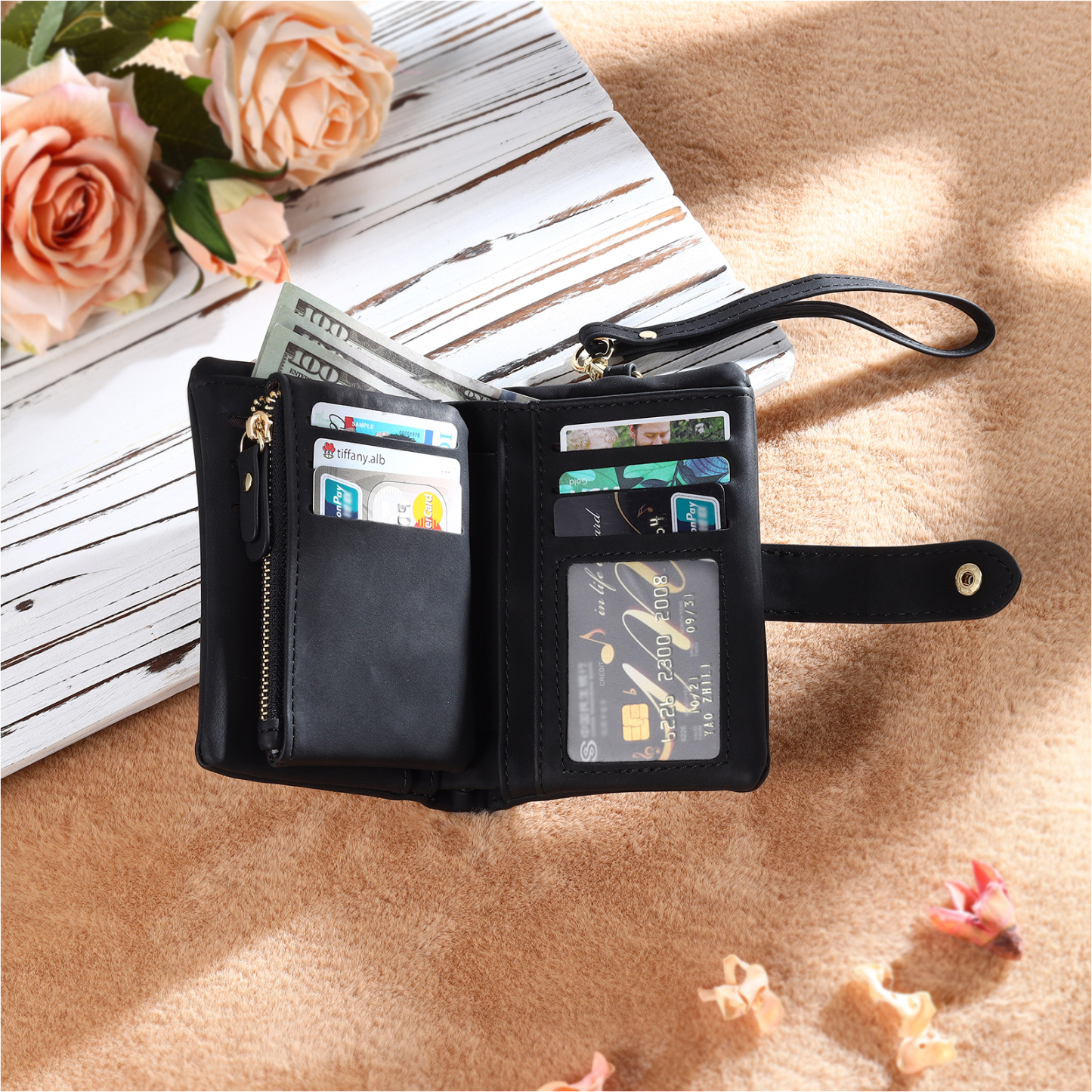 Cartera, billetera con 1 nombre, 1 letra, 1 texto y 1 foto personalizados monedero clásico para mujer-Jessemade ES