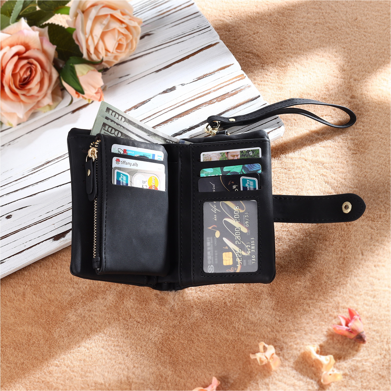 Cartera, billetera con 1 nombre, 1 letra, 1 texto y 1 foto personalizados monedero clásico para mujer-Jessemade ES