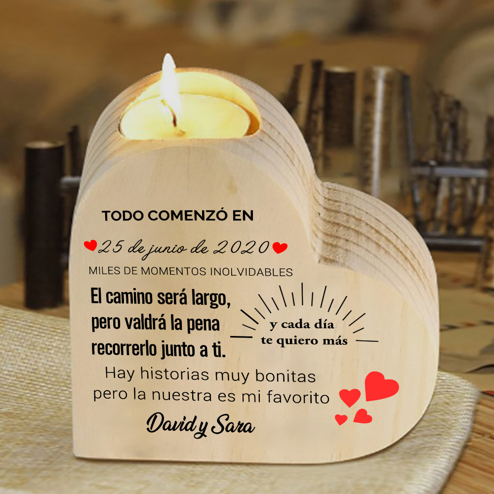 Candelero de madera para pareja sin vela personalizado con 2 nombres y fecha-Jessemade ES