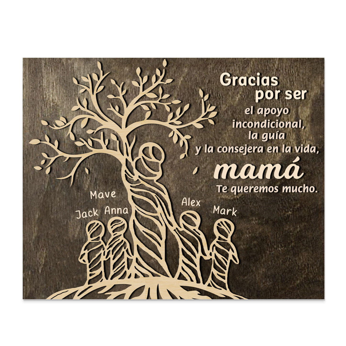 A mi mamá-Lámina mujer de árbol marco de madera personalizado con 5 nombres-Jessemade ES