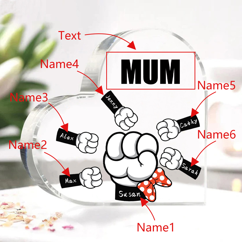 A mi mamá/abuela-Placa de acrílico "Puños" en forma de corazón 6 nombres y 1 texto personalizados-Jessemade ES