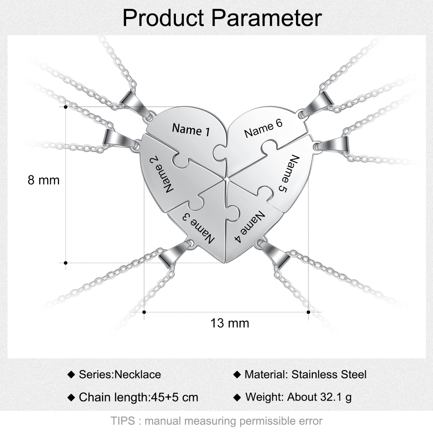 Collares de corazón 6 piezas de rompecabezas 6 nombres personalizados-Jessemade ES