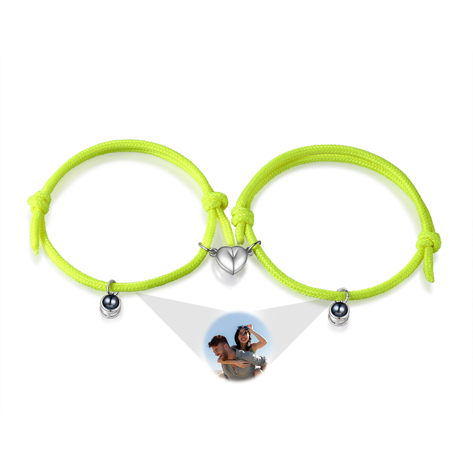Pulsera de cuerda fluorescentepara pareja con proyección de foto con dije de corazón magnético-Jessemade ES