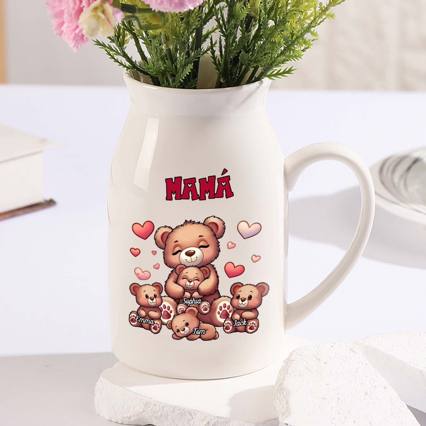 Florero de cerámica mamaosa y sus bebés 2-8 nombres personalizados con texto decoración del hogar-Jessemade ES