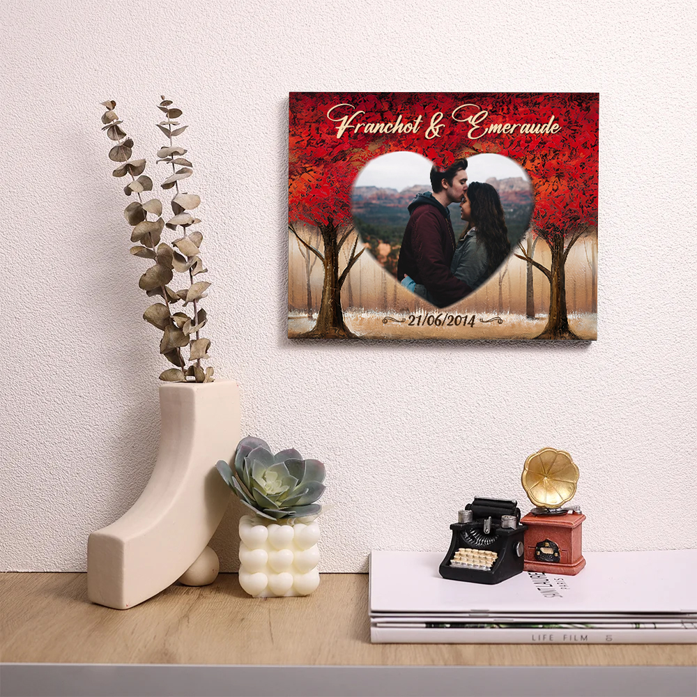 Lámina "árbol de amor" marco de madera para pareja 2 nombres personalizados con fecha y foto-Jessemade ES