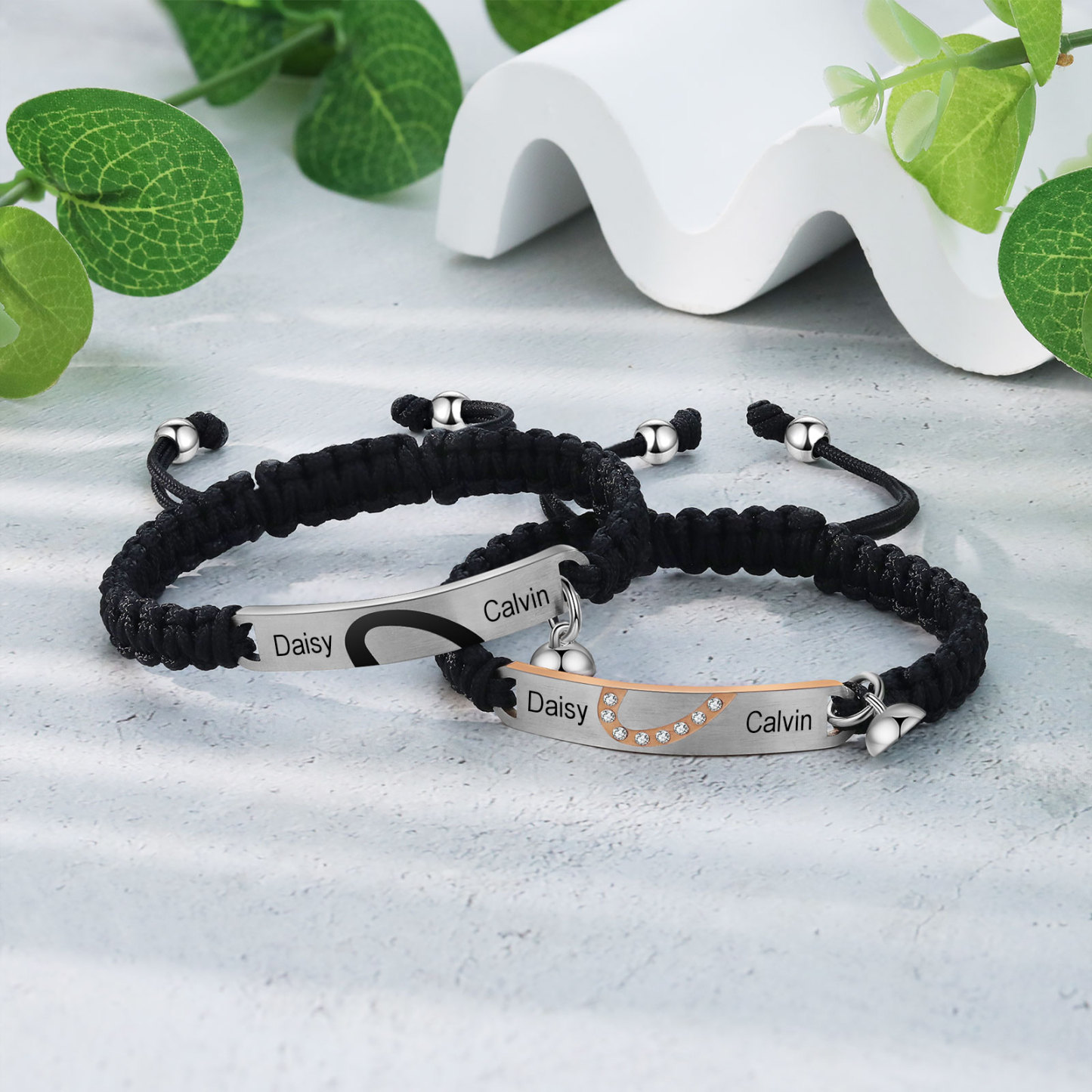 Pulsera de dos piezas de cuerda 2 Nombres personalizados para pareja con dije magnético-Jessemade ES