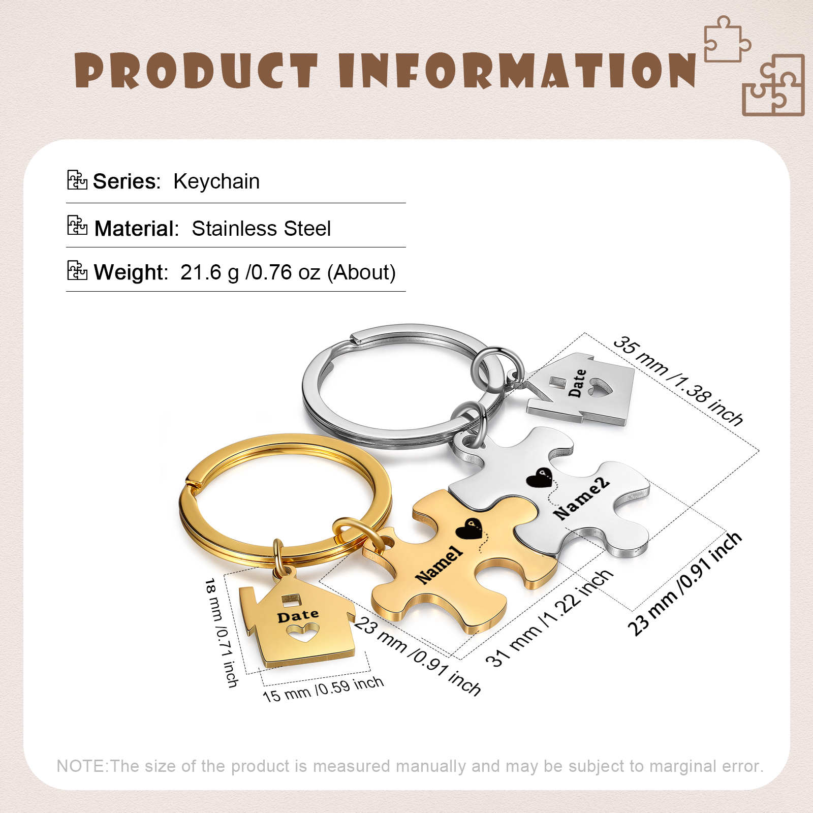 Llavero para pareja rompecabezas 2 nombres personalizados con fecha dije de casa-Jessemade ES