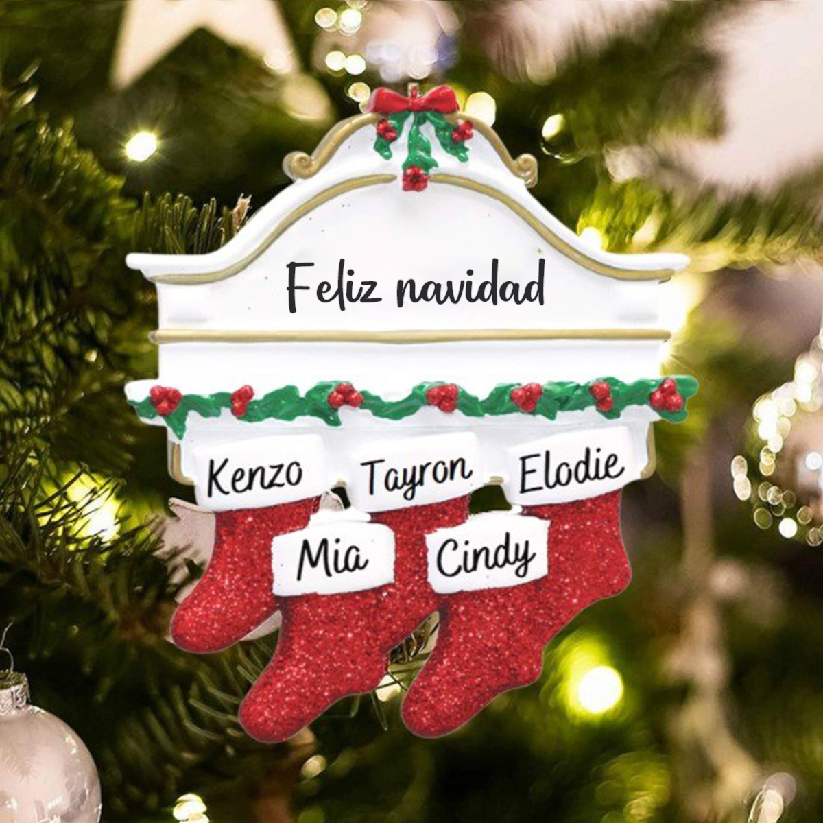 Ornamento navideño 5 nombres personalizados con texto Adorno
