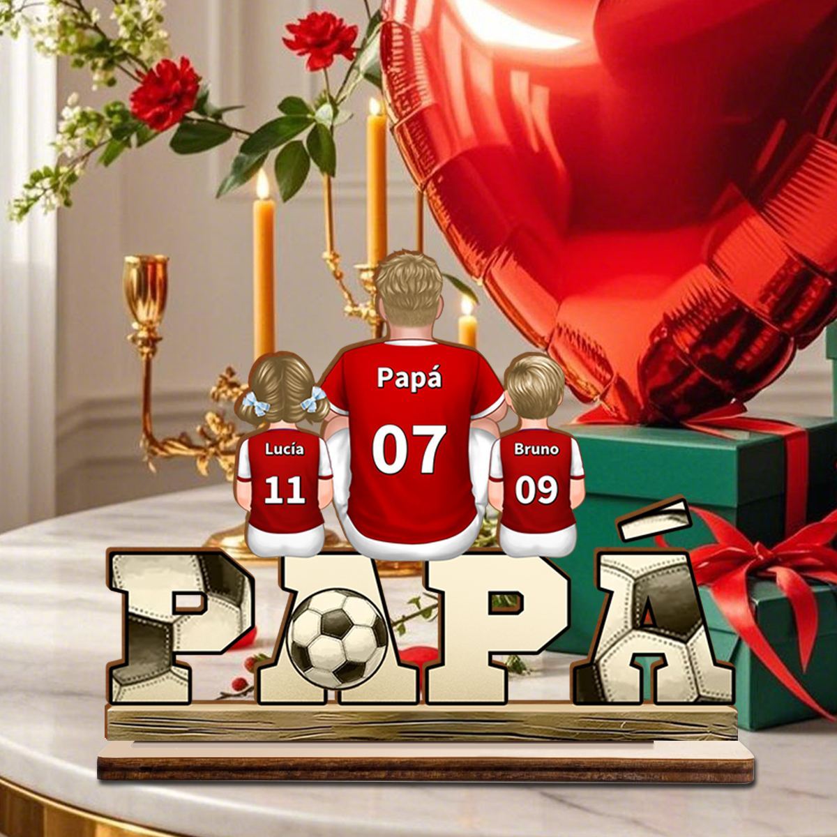 Decoración Papá fútbol con hijos personalizada, 2 a 5 nombres
