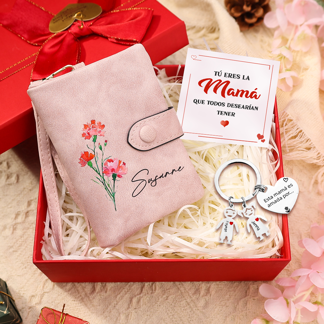 A mi mamá - Kit de regalo de cartera, llavero con "2 niños", tarjeta y caja nombre y flor de nacimiento personalizados | Jessemade