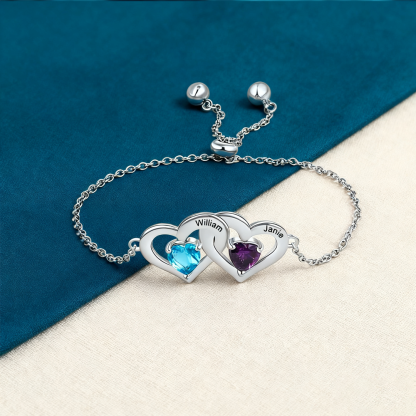 Pulsera para mujer de corazones ajustable 2 nombres y 2 piedras de nacimiento personalizados
