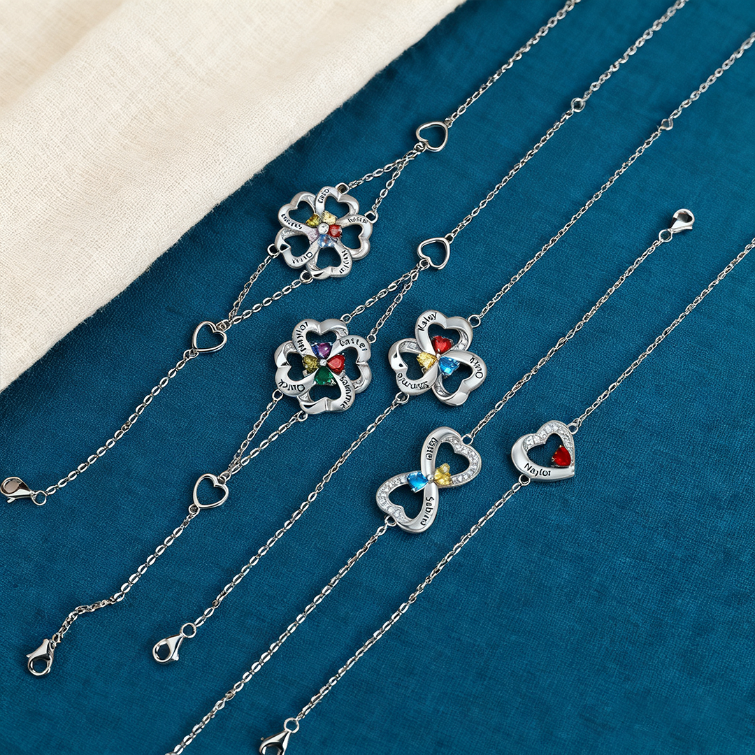 Pulsera para Mujer de Plata 925 2 Nombres Personalizados con 2 Piedras de Nacimiento