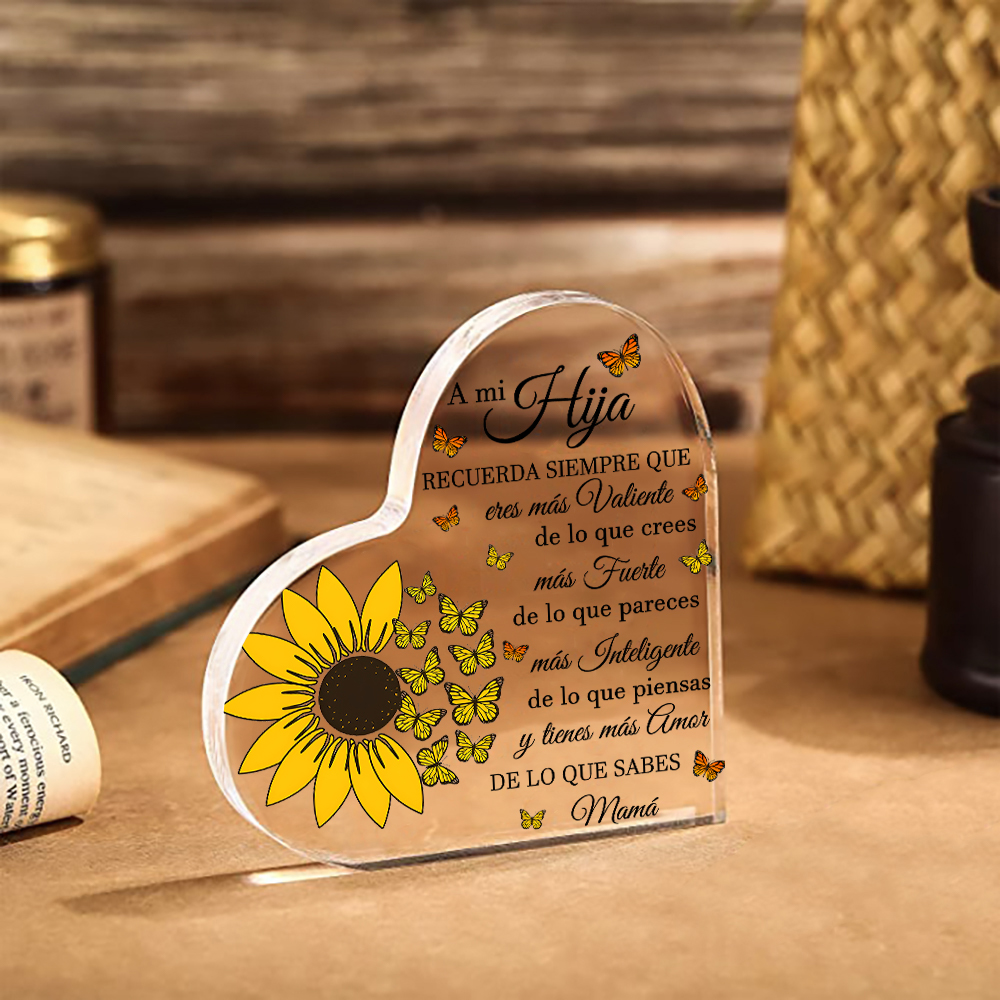 A mi hija-Placa de acrílico en forma de corazón de girasol con 1 nombre personalizado-Jessemade ES