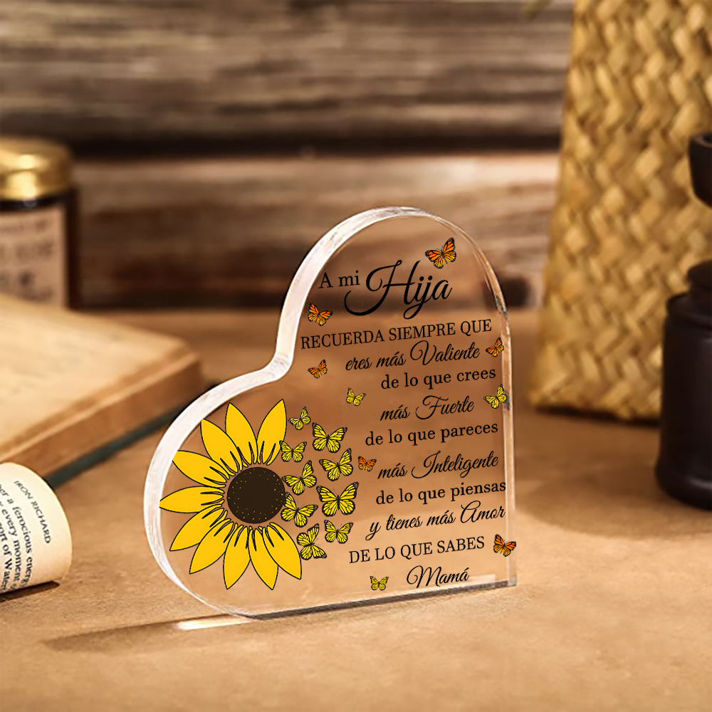 A mi hija-Placa de acrílico en forma de corazón de girasol con 1 nombre personalizado-Jessemade ES