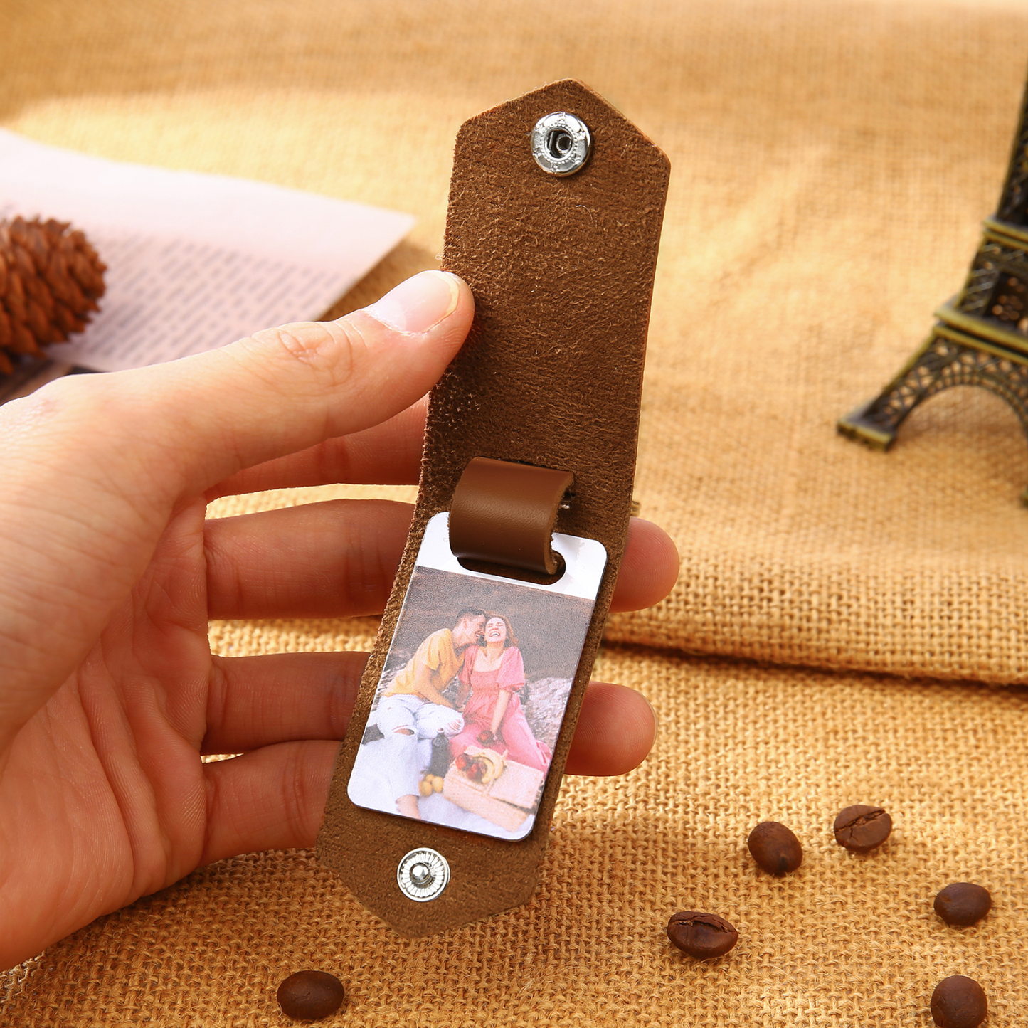 Llavero para pareja de cuero personalizado con texto y foto-Jessemade ES