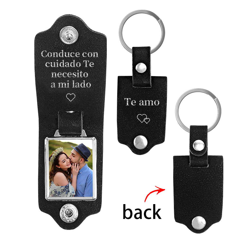 Llavero para pareja de cuero personalizado con 1 texto y foto-Jessemade ES