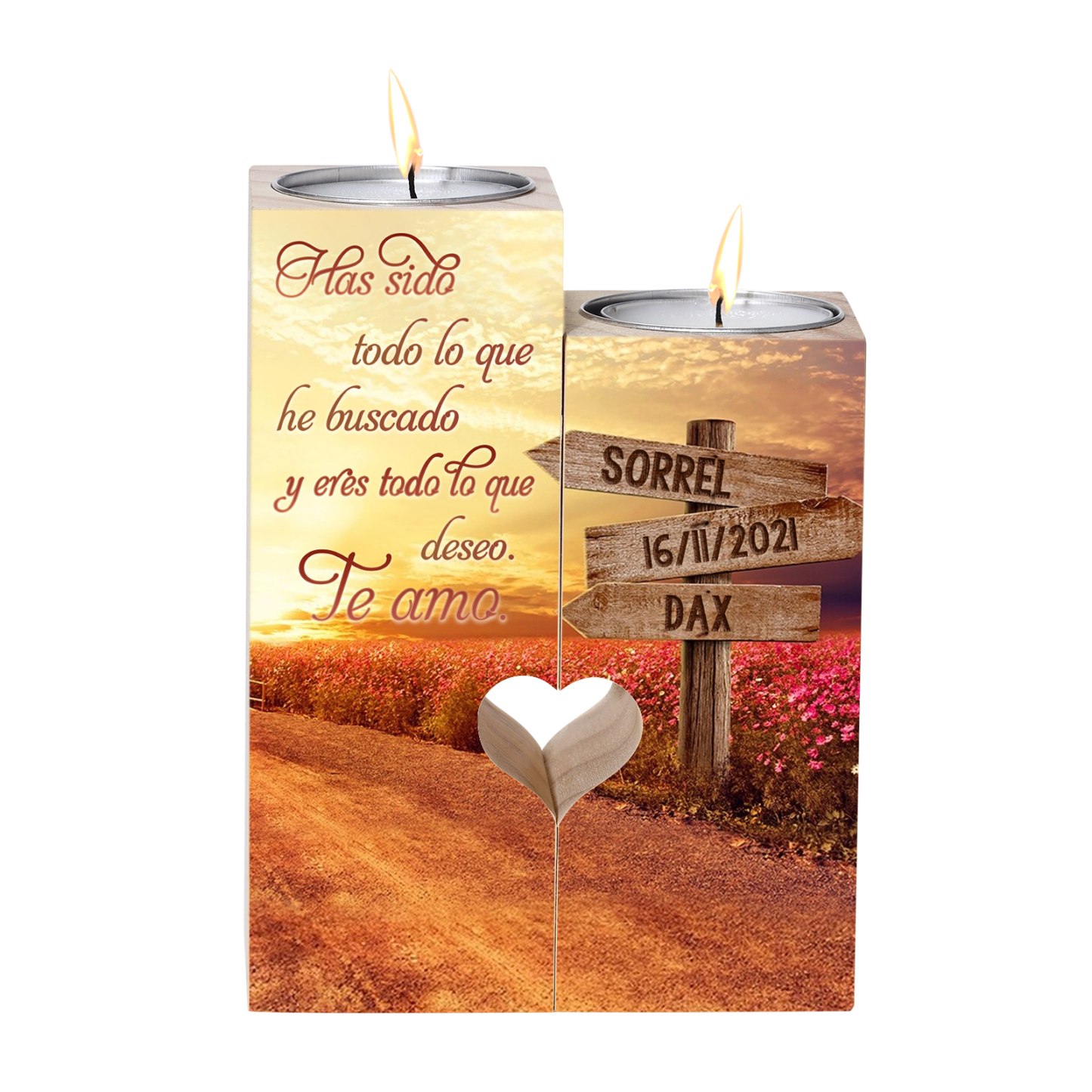 Candelero para pareja de madera de dos piezas sin candela con 2 nombres y fecha personalizados-Jessemade ES