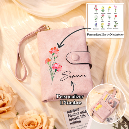 Cartera, billetera con 1 nombre y 1 flor de nacimiento personalizados monedero clásico para mujer