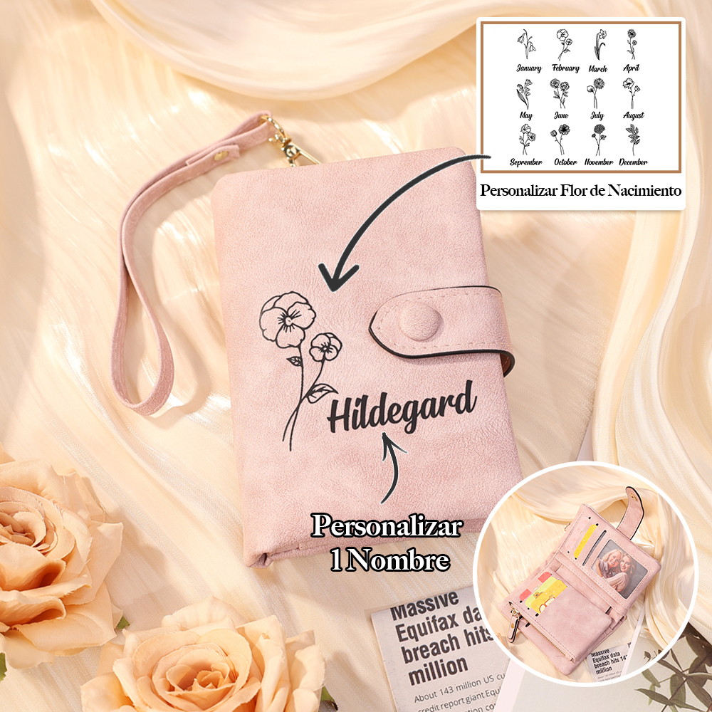 Cartera, billetera con 1 nombre y 1 flor de nacimiento personalizados monedero clásico para mujer | Jessemade