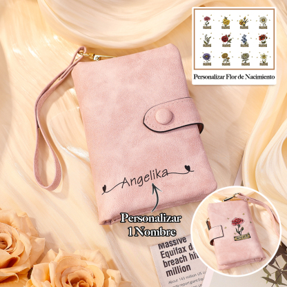 Cartera, billetera con 1 nombre, 1 fecha y 1 flor de nacimiento personalizados monedero clásico para mujer