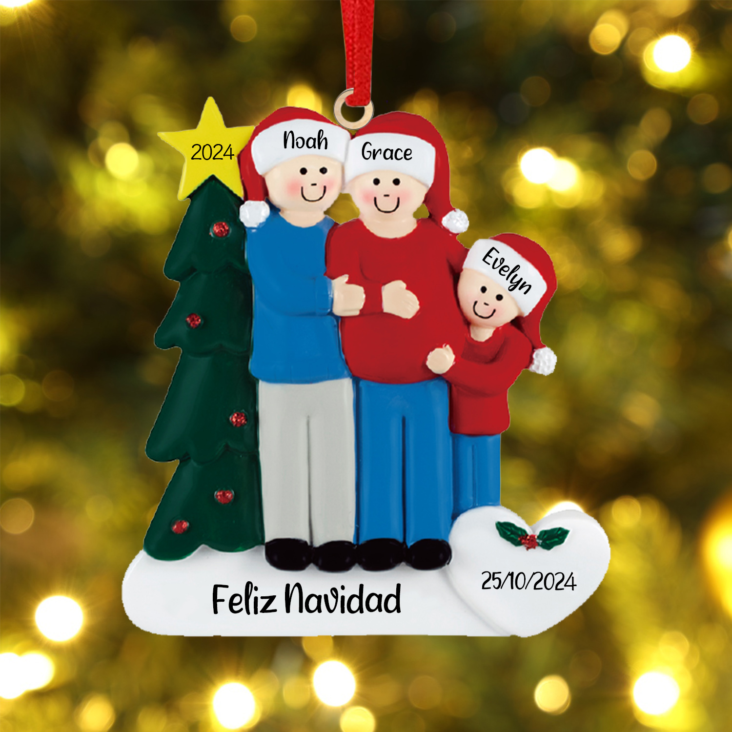 Navidad-Muñecos Ornamentos Navideños de Pareja con peque 3 Nombres, Año, Fecha y Texto Personalizados Adorno de Madera-Jessemade ES